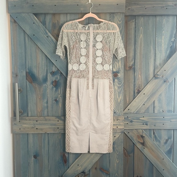 Anthropologie Beguile Byron Lars Carissima Taupe Lace Sheath Dress Short Sleeve - Picture 4 of 8
